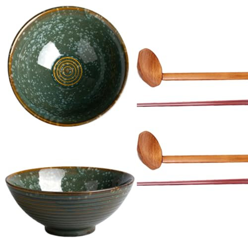8 Inch 40oz Large Japanese Ramen Bowl Set of 2,Material Safety Ceramic Ramen Bowls with Matching Chopsticks and Spoons, Pho Bowls Ramen Noodle Bowl for Asian Udon Soup Salad Cereal(Green)