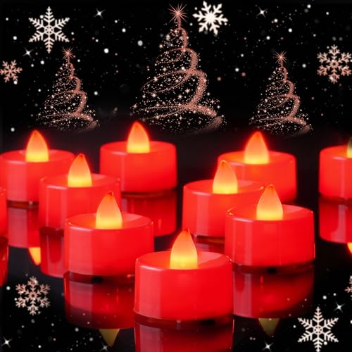 AMAGIC 24 Pack Red Colour Holiday Flicker Bright LED Tea Lights, Electric, | Battery Operated for Wedding, Halloween, Thanksgiving Day, Christmas, Valentine's Day, Holiday Party