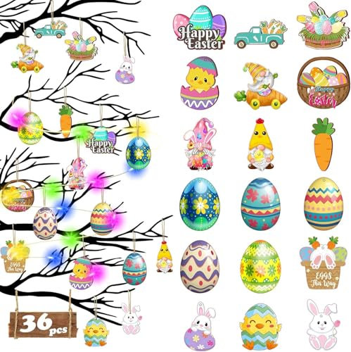 36 PCS Pendentifs de Pâques en Bois Ornements,LED Décoration Pâques Pendentif Lapin,Pendentifs Lapin Pâques,Livré avec Une Corde de Chanvre, Convient pour La Décoration de La Maison de Pâques