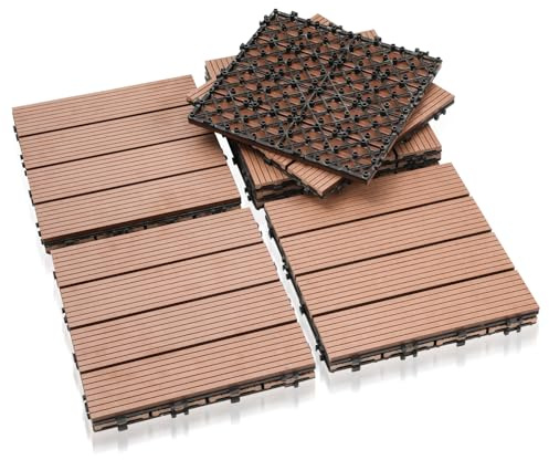 Eulenke WPC terrassplattor 66 stycken, 30 x 30 cm terrassbrädor för balkonggolv, klickplattor, balkongplattor i träutseende, golvbeläggning väderbeständig för terrass, för 6 m², brunröd