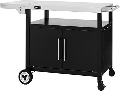 Royal Gourmet Grillwagen mit Klappbarem Seitentisch, Grilltisch mit Handtuchgriff, Unterschrank, Kücheninsel mit Edelstahl Tischplatte, Servierwagen mit Rollen