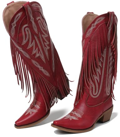 Grakihily Cowgirl Boots for Women Retro Pointed Toe Pull On Block Chunky Heel Embroide Tassel Country Concert Outfits Mid Calf Western Fringe Cowboy Boots, Pu./Red, 3 UK