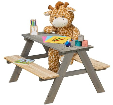 Relaxdays Table de Pique-Nique, pour 4 Enfants, en Bois de pin, H x L x P : 51 x 90 x 78 cm, Jardin, Gris et Nature