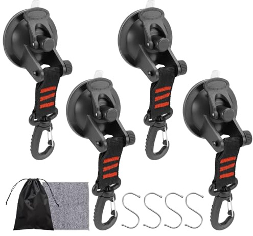 VZXZXE Lot de 4 crochets à ventouse extra solides avec anneau rotatif à 360° et 4S crochets - Ventouses de camping pour fenêtres de camping-car, tente arrière, auvent, voile d'ombrage et voiture