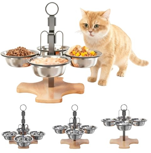 GOMETY Ciotola per gatti rialzata con set di 4 ciotole per gatti in acciaio inox, supporto regolabile in altezza, per gatti e cani di piccola taglia