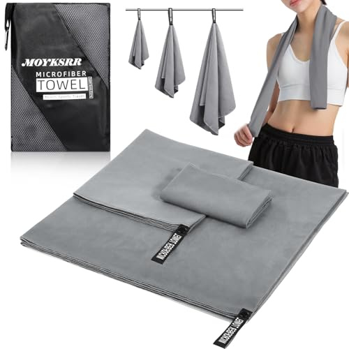 MOYKSRR Serviette Microfibre, Serviette en Microfibre, Serviettes de Voyage, Serviettes de Bain pour Le Sport, Voyages, Plage, Camping, Randonnées, Yoga(Gris Foncé, 180x80cm+100x50cm+70x40cm)