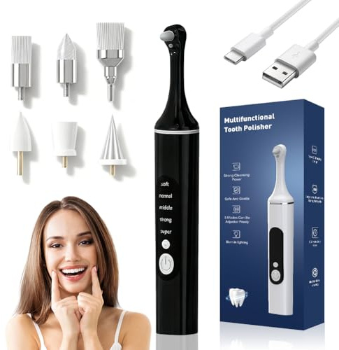 Kit de blanqueamiento dental, eliminador de sarro con 5 cabezales, pulidor de dientes con 5 modos de limpieza y blanqueamiento de dientes, para pulir después de la limpieza dental (negro)