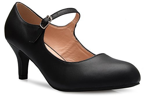 Olivia K Mary Jane Pumps für Damen, Kätzchen, niedriger Absatz, runder Zehenbereich, entzückende Vintage-Retro-Schuhe, Schwarz (Schwarz (Black Pu)), 40 EU