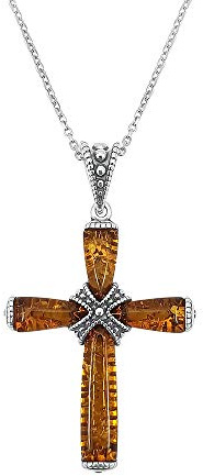 Kiara Jewellery Collar con colgante de cruz de plata de ley 925 oxidada, color marrón, ámbar y cadena de plata de ley de 45,7 cm., Plata esterlina, Ámbar