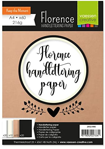 Vaessen Creative Florence Glattes Handlettering Papier, In den Farben Weiß, Elfenbein, Kraft Braun und Schwarz, 216 g/m², 60 Stück, DIN A4, für Aquarellmalerei, Handlettering, und andere mehr