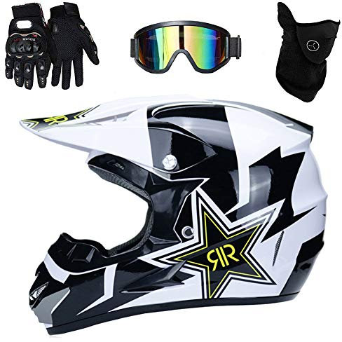 UIGJIOG Motocross Helme Downhill Helme Motorrad Crosshelme & Endurohelme Jugend Kinder Offroad Helm Motocross Gear Combo Mask Brillenhandschuhe,Weiß,M(54~55cm)