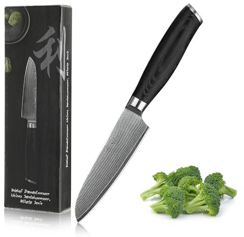 Wakoli Mikata Damast Santoku Messer klein I 12 cm Klinge aus 67 Lagen Damaststahl I Profi Küchenmesser mit Micarta Griff I Scharfes Allzweckmesser in edler Geschenkbox für Fleisch, Gemüse & Sushi