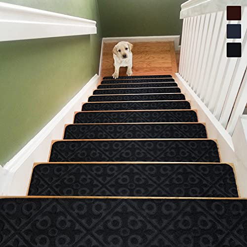 Maxmass 15 PCS Carpet Stair Treads, 76 x 20cm Self-Adhesive Safety Stair Mats, Non-slip Step Protection Rug Cover for Kids, Elders and Pets (Black)