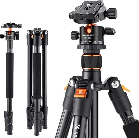 K&F Concept Tripod Kamera Stativ, DSLR Stativ mit 56cm-143cm-162cm Arbeithöhe,Kamerastativ mit abnehmbaren Monopod, Metall Stativkopf, Alu Dreibeinstativ für Outdoor&Indoor, 10kg Traglast