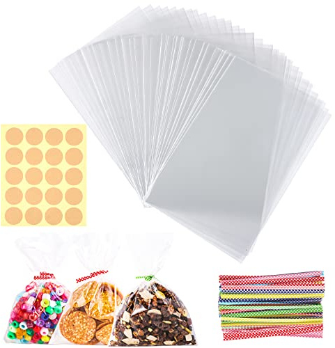 200 Pezzi Sacchetti Trasparenti per Caramelle, 10x15 cm Bustine Cellophane Trasparenti Buste per Alimenti con 200 Cravatte e 200 Adesivi per Feste Compleanno Bambini Natale Bomboniere