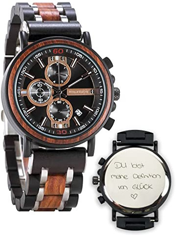 HOLZZEUG Gravierte Herrenuhr Spezialist aus Holz personalisierte Uhr inkl. Geschenkbox aus Holz
