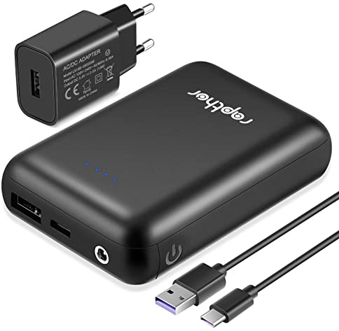 Rapthor 2025 uppgraderad 5 500 mAh 7,4 V 3 A batteripack för vintervärmeväst/jackor/huvtröja/telefon, bärbart batteri med två utgångar, laddningskabel och snabbladdare för iPhone och