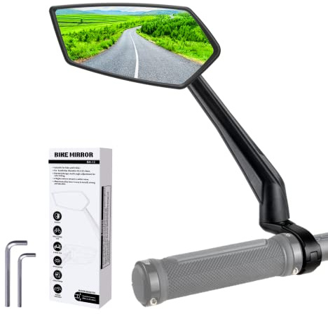 RBRL Miroir en Verre HD Cristal Clair, Large Champ de Vision, Antichoc Résistant, Rétroviseur Vélo, Compatible E-bike, Scooter, VTT, Trotinette Electrique, Ajustable 360°, Montage Guidon, Gauche