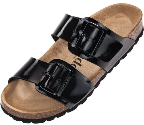 Palado Pantoletten Damen Samos EGS - bequeme Sandalen Made in Spain - Hausschuhe mit dämpfendem Kork-Fußbett - modische Sommerschuhe Schwarz Lack UK3,5 - EU36