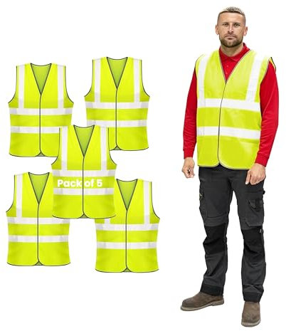 Vasego - 5 Pack of Plain Hi Visibility Reflective Safety Vest for Men & Women Fluorescent Waistcoat for Outdoor Running Walking Motor Bicycle Drivers -Class 2 (Plain Vest, Yellow, XL)