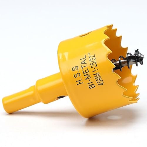 Sierra corona 45mm, bi-metálica sierra perforadora con árbol hexagonal y brocas de centrado, sierra de corona para madera, metal suave, PVC, Amarillo