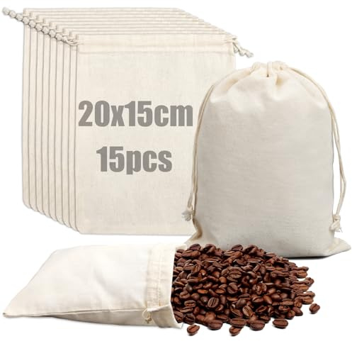 Pochon Tissu 20 x 15cm- 15 Pièces Pochon Coton Sachet Tissu avec Cordon Sacs en Lin Petits Pochon Cadeau Reutilisable Sac en Coton Pochette Toile pour DIY Cafe Bijoux Cadeau Mariage Noël Anniversaires