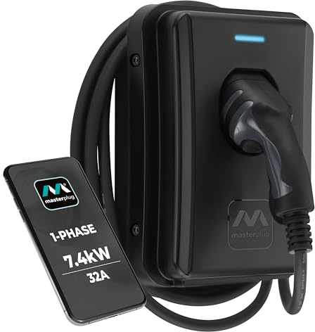 Masterplug Smart EV Home Wall Charger for Type 2 Electric and Plug-In Hybrid Vehicles, Tethered with 5m Cable, Mode 3, App Control, Solar Charging, Single Phase, Black, IP55, 7.4kW, 32A, EVCM3ST7B-MP