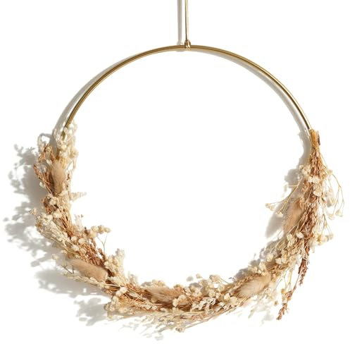 JUJOYBD Trockenblumen Kranz 28 cm - Wand Boho Deko Goldener Metallring mit getrocknetem Gras und Blumen, Hängender Türkranz Ganzjährige Dekoration für Haustür, Fenster, Tisch