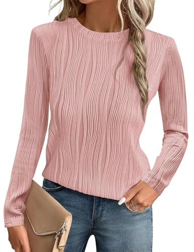 Gemulate Womens Spring Fall Blouses Tunic Tops Clothes Trendy,Loose Long Sleeve Top Business Casual Outfits Women Solid Blouse for Work Pink M