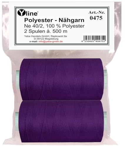 0475-35 Lot de 2 bobines de 500 m de fil à coudre/synfil violet en polyester pour machine à coudre (0,06 € /10 m)