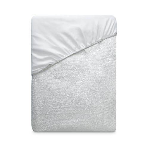 Duérmete Online - Funda Protector Rizo Ajustable para Colchón, Impermeable y Transpirable, Tacto Suave, Tejido Algodón Natural, Antiácaros y Antibacterias, Blanco, 135 x 190