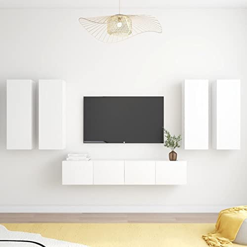 Sufrk Ensemble de meubles pour TV 6 pièces Blanc en bois multicouche, porte TV pour salon, meuble TV avec étagère, montage facile