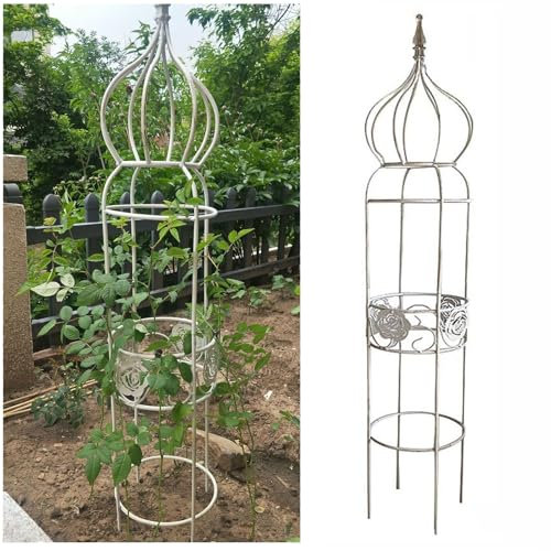 Obélisque de jardin en treillis de rose blanche pour plantes grimpantes et fleurs en pot, 120 cm de haut, support pour plantes d'extérieur, construction en acier résistant à la rouille, design élégant
