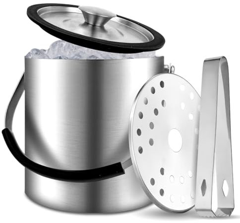 Contenitore per cubetti di ghiaccio da 2 l, con coperchio ermetico e pinza per ghiaccio, in acciaio inox, a doppia parete, ideale per raffreddare birra, champagne e frutta