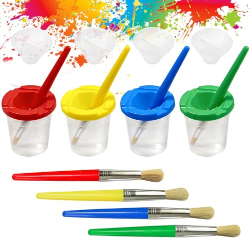 Vasos Pintura Niños, 4 Colores Botes de Pintura a Prueba de Derrames con 4 Pinceles Surtidos, Recipientes Agua para Escuela y Preescolar, Ideal para Témpera y Acuarela (multicolor)