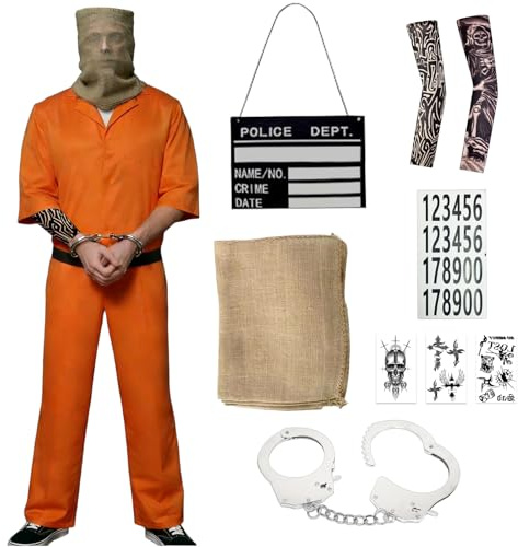 Mino Plus disfraz de prisionero,Disfraz de prisión naranja para hombre y mujer adultos,con accesorios de convicto, cosplay, Halloween, carnaval (A, L)