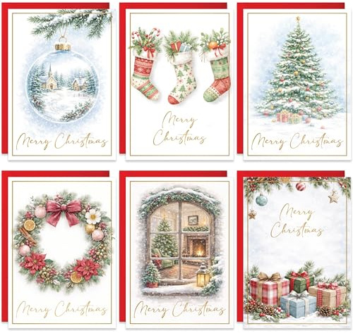 20 Christmas Cards Assortment, Traditional Festive Gold Red Watercolor Bulk Xmas Cards with Envelopes - 6 Patterns, For Friends, Family, Kids, Boys & Girls, 4x6