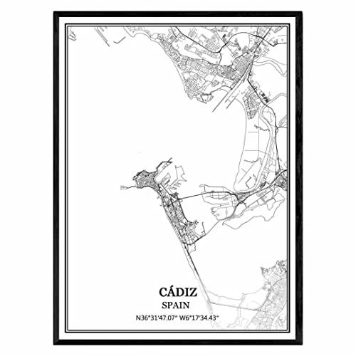 Cadiz Spanien karta väggkonst canvas tryck affisch konstverk utan ram modernt svartvitt kort souvenir gåva heminredning 41 x 51 cm