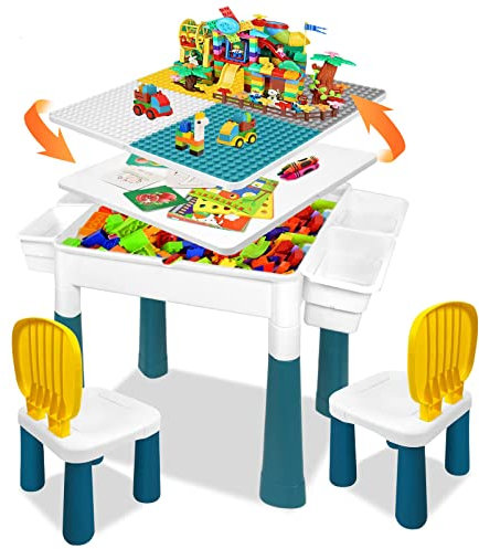 LZQ Kindertisch mit Stühle 6-in-1 Kinder Tisch Stuhl Set Multifunktion Bausteine Spieltisch mit Stauraum Doppelseitiger Tischplatte Höhenverstellbarer Geeignet für Lern-und Denkübungen von Kindern