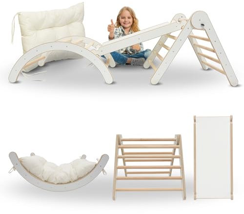 MAMOI® Klettergerüst Kletterdreieck Indoor 4 in 1 Set. Montessori Kletterbogen mit Kissen, Indoor Spielplatz 1-3 Jahre und Rutsche für Kinder.