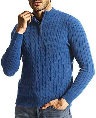 Superora Långärmad herrtröja stickad halv dragkedja pullover stående krage varm tröja för vintern, BLÅ, XXL