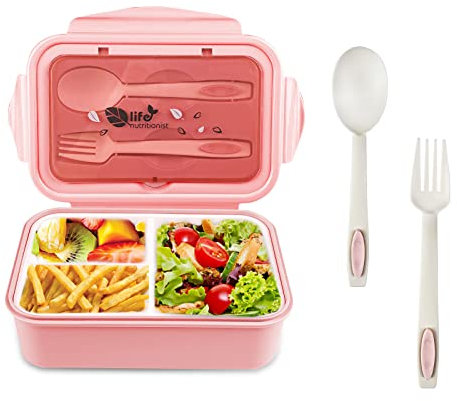 Newpop Fiambrera con 3 Compartimentos y Cuchara Tenedor 1400ml, lunch box Sin BPA Hermetica fugas, bento box para Microondas y Lavavajillas, loncheras para Adultos Niños Escuela Trabajo, rosado