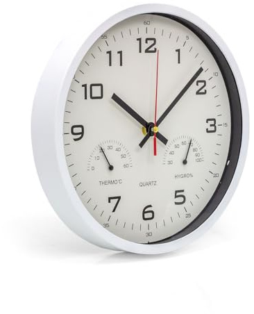 Carousel Home 25cm Clock Temperature Humidity Weather Station | Hygrometer Thermometer Wall Clock | Modern Indoor Clock - White