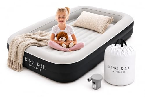 King Koil Luxury Inflatable Toddler Travel Bed with Built-in Safety Bumper, Portable Air Mattress Airbed for Kids Travel, Includes High-Speed Pump - Black