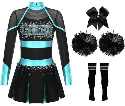 Jowowha Mädchen Cheer Leader Cheerleading Kostüm Langarm Kleid mit Pompoms Socken Halloween Kostüm Karneval Fasching Party A Blau Grün&Schwarz 158-164