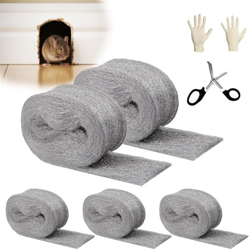 TUAKIMCE 5 Rollen Stahlwolle Gegen Mäuse, 20m Fein 0000, Schneidbar Mäuseabwehr für Haus, Garage und Garten Löcher Wand Risse
