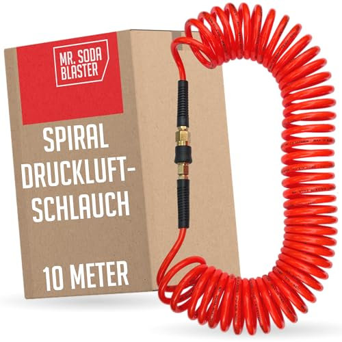 mr. soda blaster | leichter Spiral-Druckluftschlauch 10 Meter passend für Kompressoren | 6,5 x 10 mm | robustes PU Material | stabile Messing-Kupplungen | PVC Knickschutz | max. 10 bar