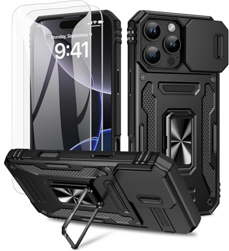 Doeshine Hülle für iPhone 16 Pro, Handyhülle mit 2 Stück Displayschutzfolie & Kameraschutz, 360° Rotate Metal Ring Ständer, Robust Militär Shockproof Schutzhülle für iPhone 16 Pro (Schwarz)