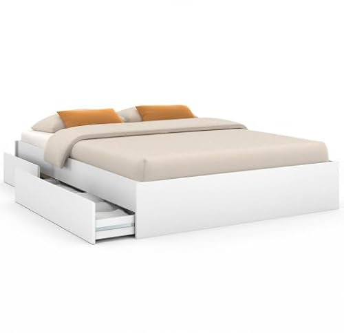 IDMarket - Cadre de lit Double TOMI 4 tiroirs avec sommier 140 x 190 cm Blanc