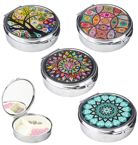 4 Stück Pillendose Klein für Unterwegs, Dekorative Metall Pillendose Rund frauen Kleine Pillenetui mit Spiegel, Pill Box mit 3 Fächern, Metall Pillendose Rund, Tablettendose klein für Reise